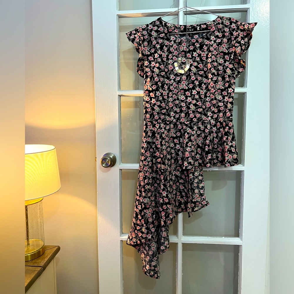 Asymmetrical Black Floral Top
